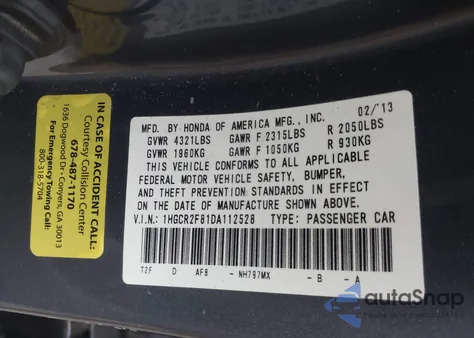 2013 Honda Accord Sdn Ex-L from USA, damaged, VIN 1HGCR2F81DA112528